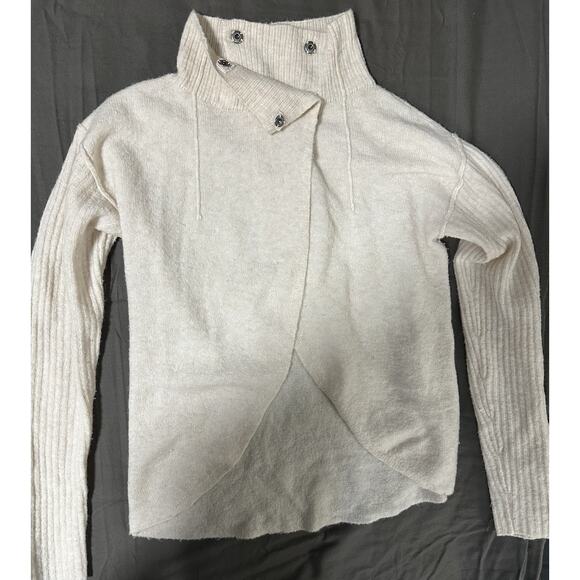 Free People Knit Cardigan Sweater Wool Blend Beige S Ribbed Sleeves Snap at Neck - Picture 1 of 4